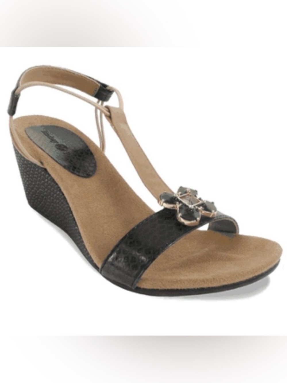 Lindsay Phillips Megan Black Tan Snake T-Strap Wedge Sandals Snap Shoes Size 7